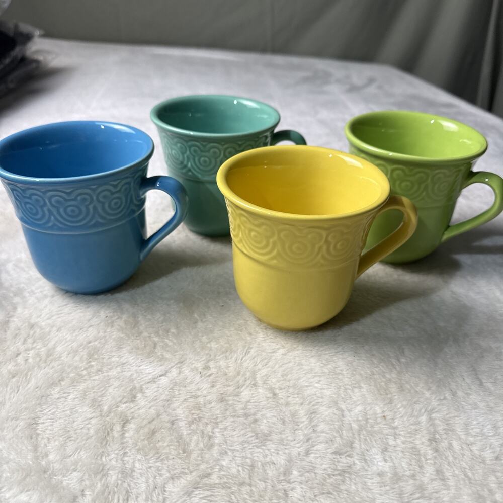 VTG Disney Hidden Mickey Mouse Ears Ceramic Embossed Green Blue Mug Set Portugal
